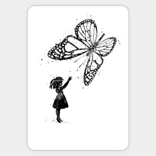 Girl and Butterfly Fantasy Black and White Artwork Sticker